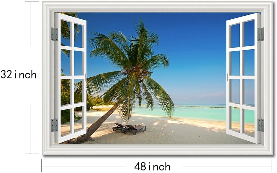 Beach Wall Art Ocean Theme Canvas Pictures White Fake Window Frame Style Tropical Palm Tree Wall Painting Extra Large Blue Coastal Landscape Art Print Seascape Artwork for Living Room Bedroom Home Office Decorations 32x48inch