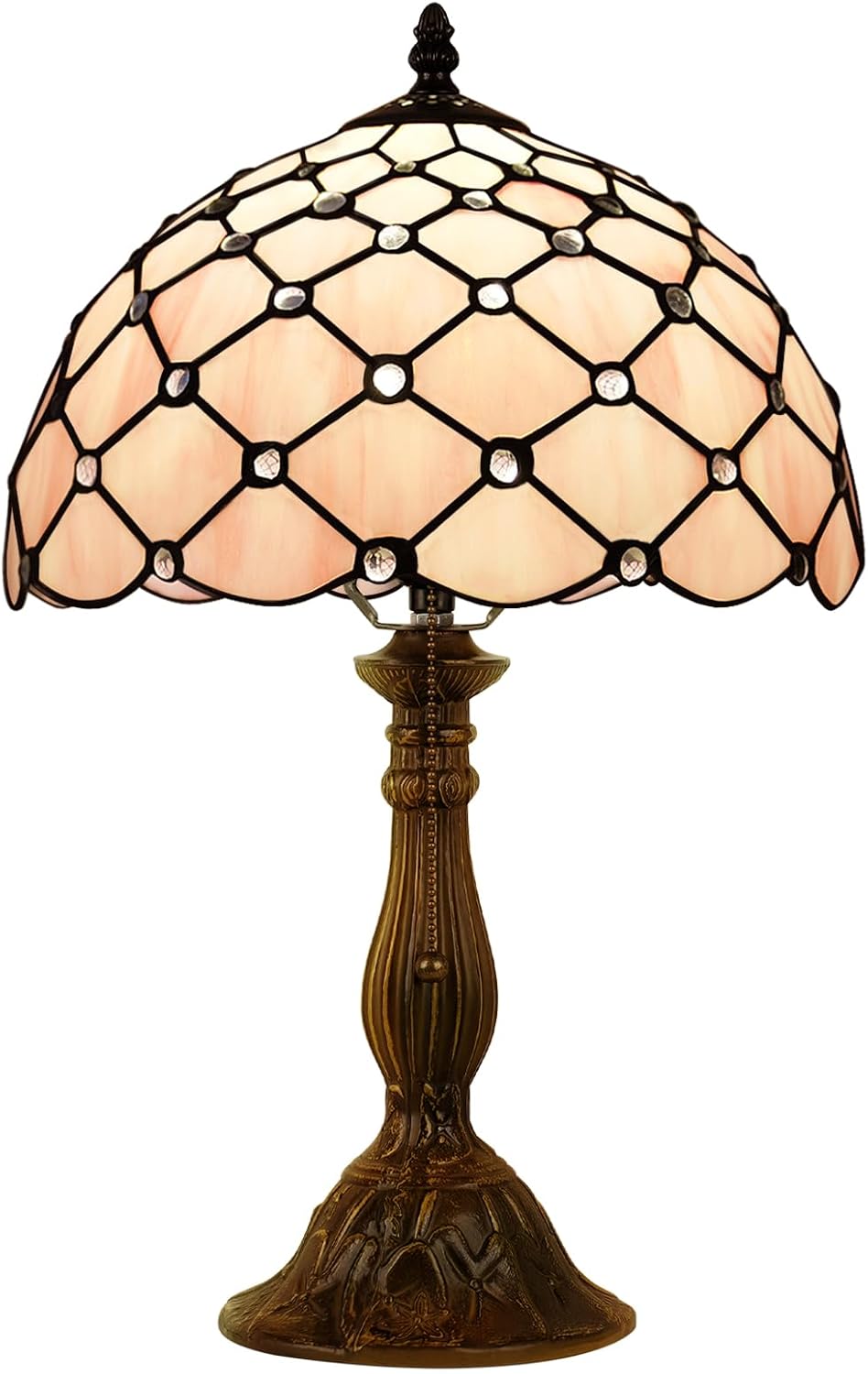 MOAN Lamp Stained Glass Table Lamp 12X12X19 Inch Bedside Reading Light Antique Bronze Base(Pink Pearl Style)