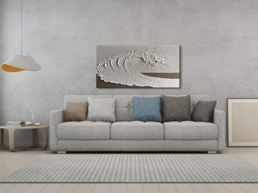 Slyart Abstract Ocean Wave Wall Art, White Textured Oil Painting on Canvas, Modern Minimalist Wall Decor