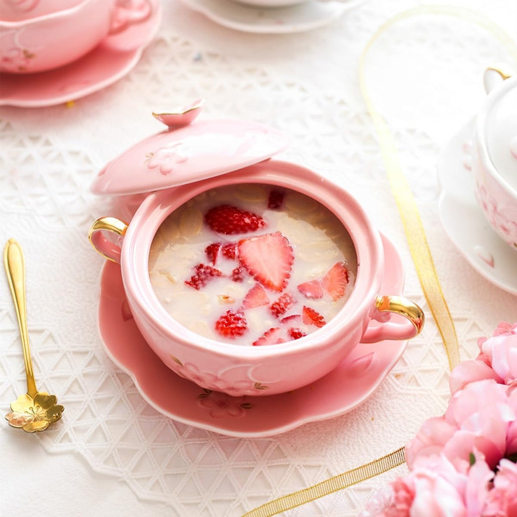 Ceramic Two Ear Soup Bowl Set with Lid and Spoon, Lovely Cherry Blossom Pattern Dessert Cereal Bowl, Fruit Yogurt Bowl with Plate,Dishwasher and Microwave Safe Plate