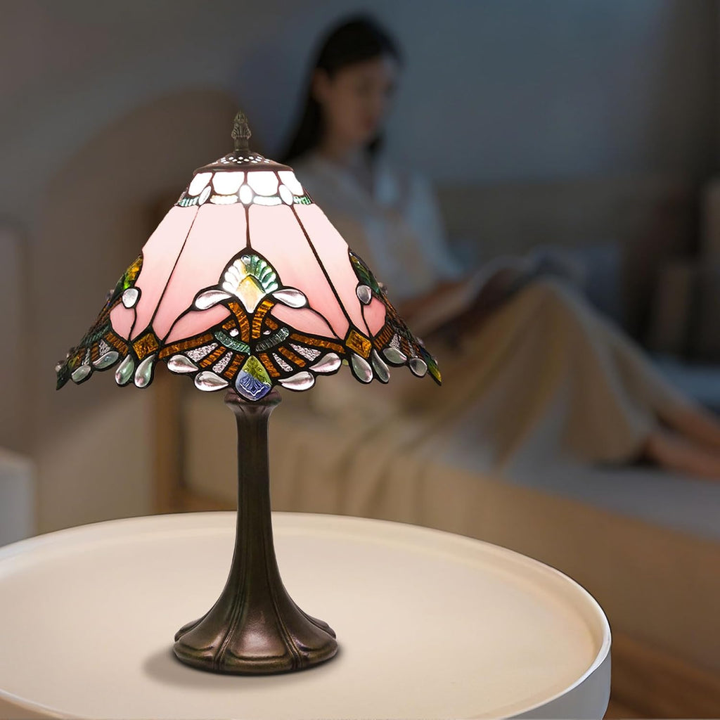 Tiffany Style Table Lamp, Small Stained Glass Lamp for Bedside, Bedroom, Nightstand, Living Room, 12 Inch Mini Vintage Light Included E26 Bulbs with Remote Control (Pink Umbrella)