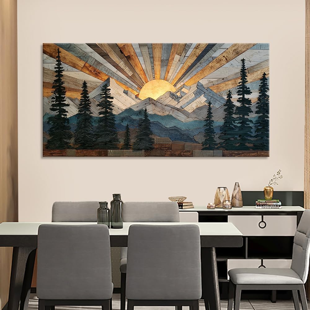Boho Rustic Farmhouse Mountain Wall Art Sunrise Pine Tree Forest Nature Scenery Paintings Pictures Wall Decor Wood Texture Landscape Canvas Prints Artwork for Living Room Bedroom Home Office 28' x 58'