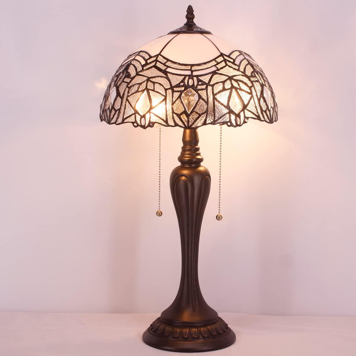 WERFACTORY Tiffany Lamp White Bent Stained Glass Crystal Table Lamp Bedside Desk Reading Light 12X12X22 Inches Decor Bedroom Living Room Home Office S508W Series