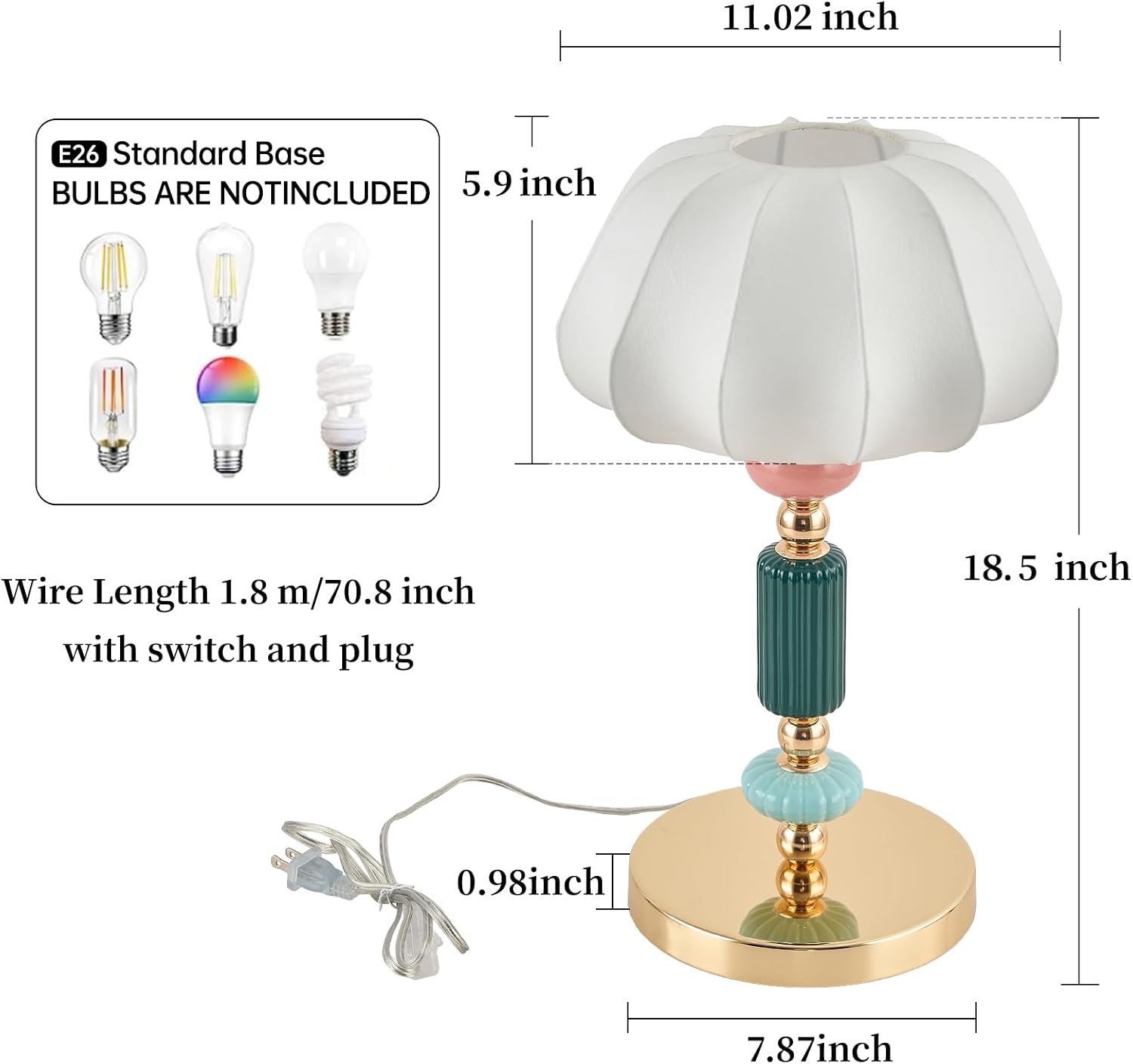 Modern White Fabric Table Lamp Plug in Metal Base Desk Light with Plug Cord Switch for Bedroom Bedside Living Room