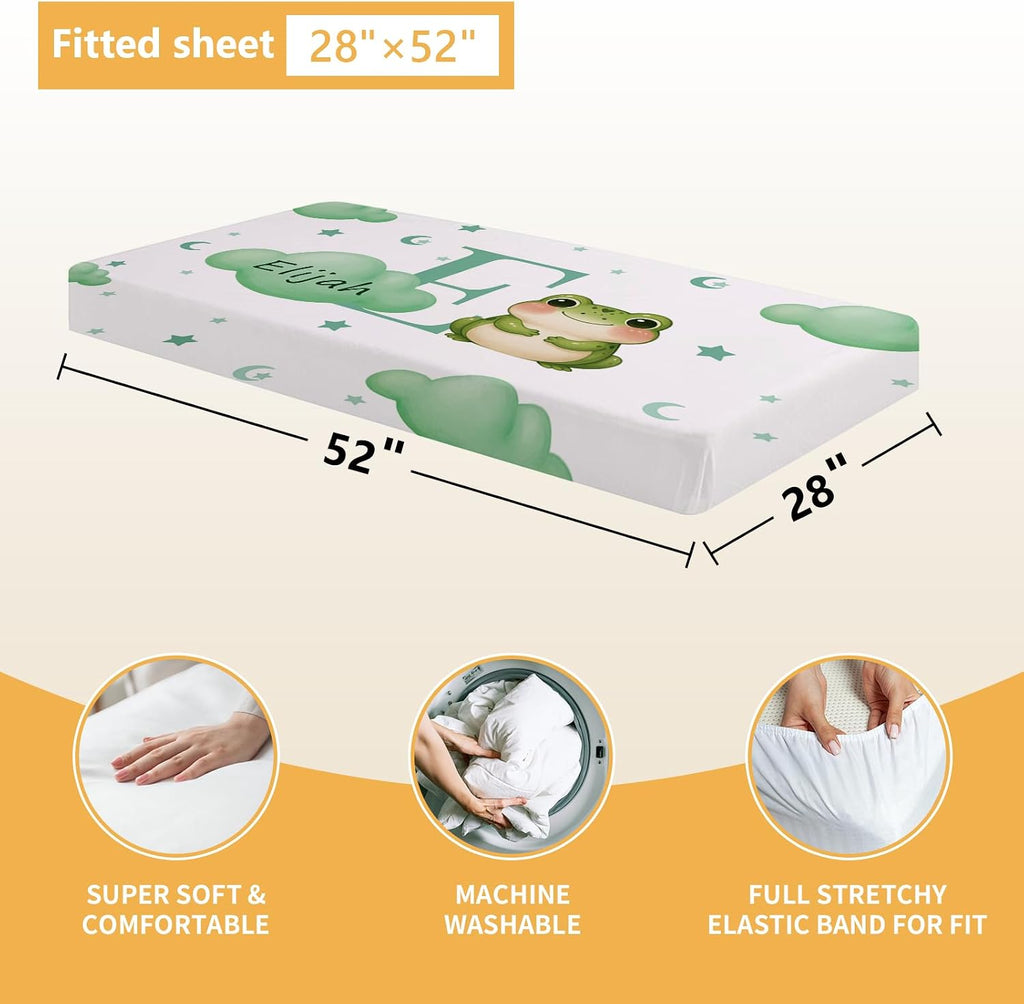 Terwex 5 Piece Customized Crib Bedding Set for Baby Boys - Custom Name Baby Crib Green Frog Nursery Bedding Set with Soft Blanket, Fitted Sheet, Rug, Personalized Gifts for Toddler, Newborn, Infant