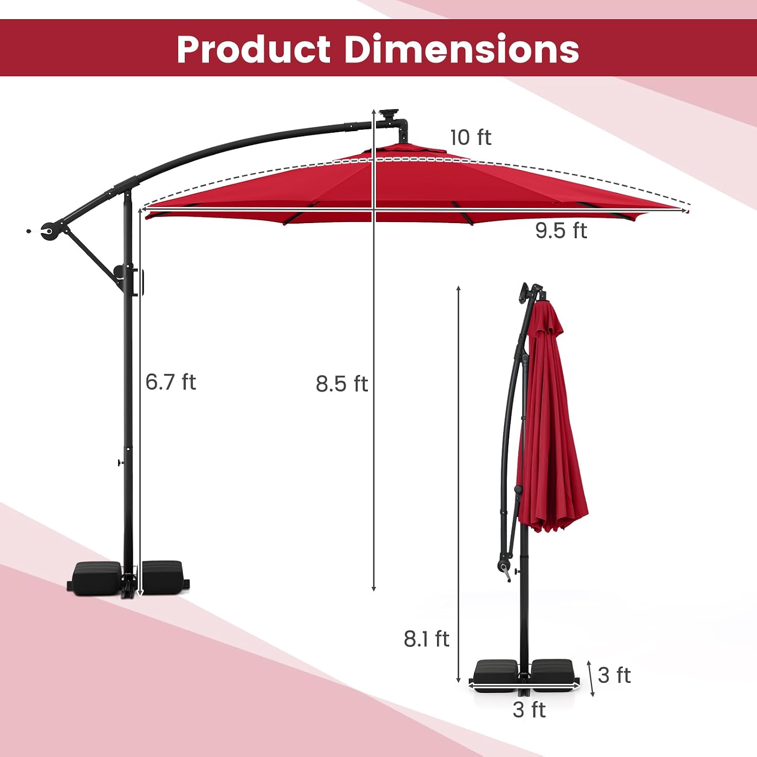 Tangkula 10 FT Solar Patio Umbrella with Base Included, Cantilever Offset Hanging Outdoor Umbrella with 96 Multi-Colored Flowing LED Lights, 9 Modes, Tilt Adjustment, 360° Rotation, Crank for Pool Yard Deck Lawn (Red)