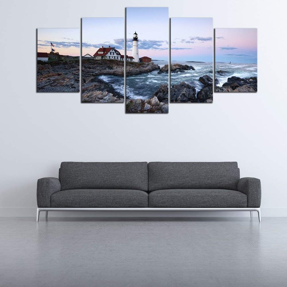 Wieco Art Portland Lighthouse 5 Piece Seascape Canvas Paintings Wall Art Extra Large Modern Ocean Sea Beach Giclee Canvas Prints Artwork Pictures Home Office Decoration for Living Room Bedroom XL