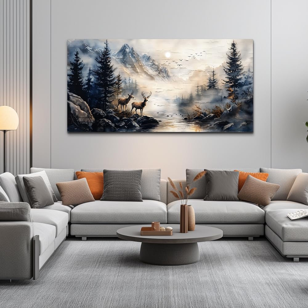 ERQINHUA Canvas Wall Art For Bedroom Large Wall Decor For Living Room Modern Office Decor Abstract Ink Painting Elk Forest landscape Wall Pictures Ready To Hang Home Decorations Posters 30'X60'