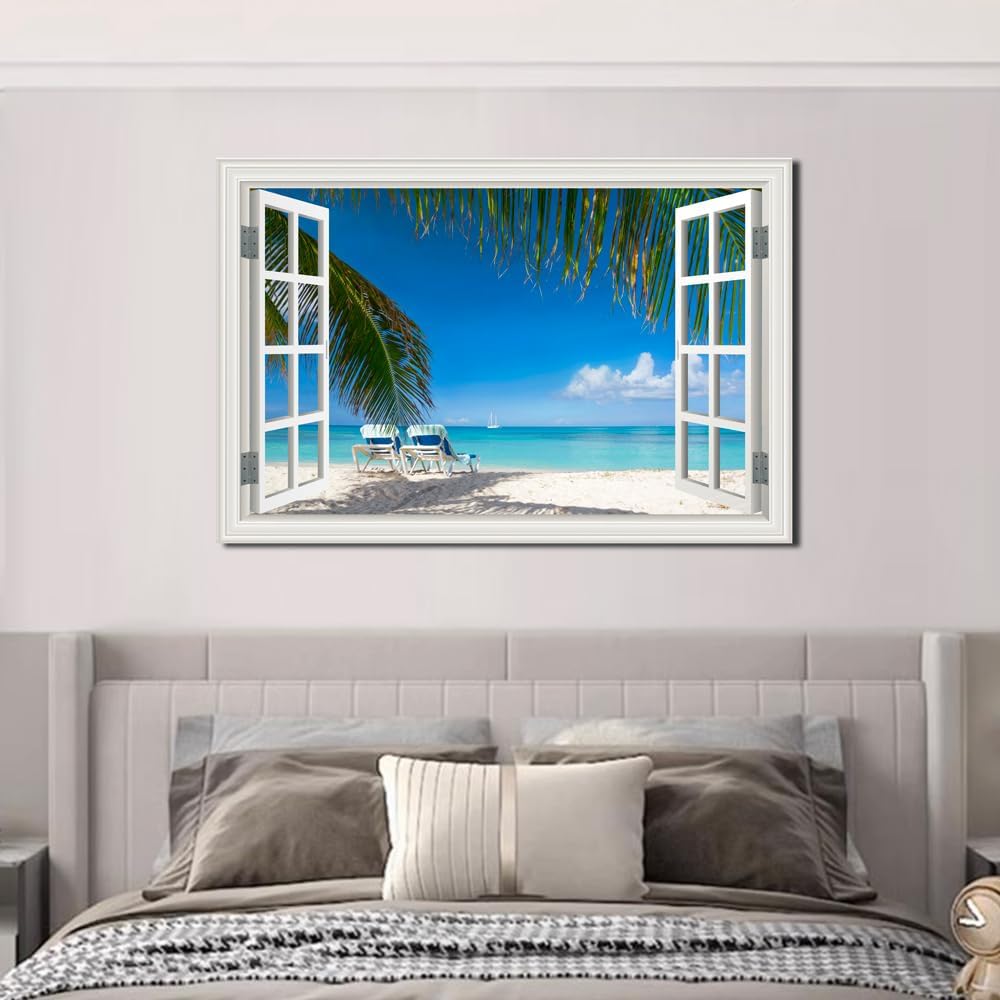 Ocean Wall Art Decor for Living Room Large Beach Canvas Picture for Wall Window Frame Style Palm Tree Artwork Coastal Art Print for Bedroom Blue Seascape Painting for Homen Office decoration, Ready to