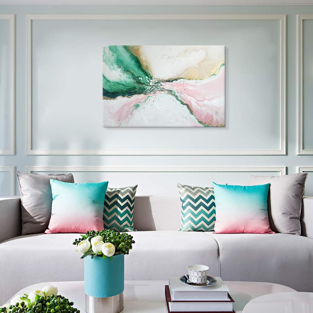 7Fisionart Abstract Large Wall Decor for Bedroom Emerald Green and Gold Paintings Pink Canvas Art Pictures Prints Poster Modern Framed Artwork Office Living Room Kitchen Decorations 48'x32'