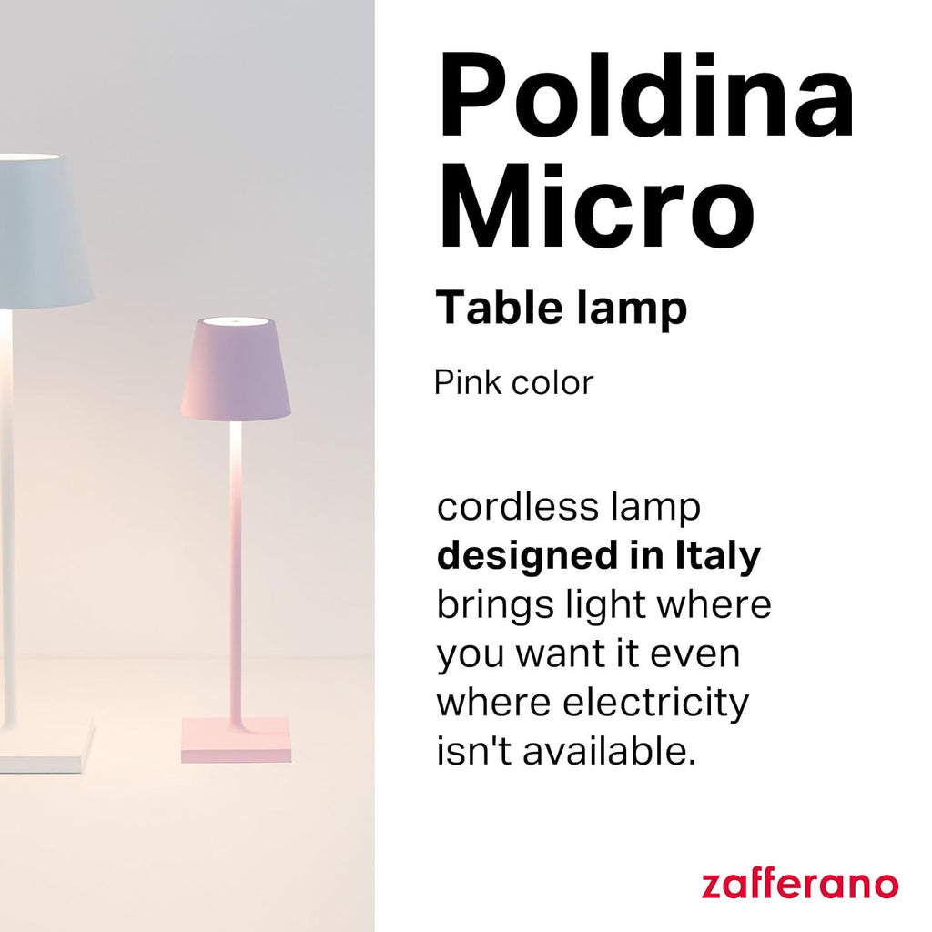 Zafferano, Poldina Micro Lamp, Rechargeable Cordless Table Lamp with Touch Controls, Suitable for Indoor and Outdoor, Dimmer, 2200-3000 K, Height 10.8 Inches, Pink Color