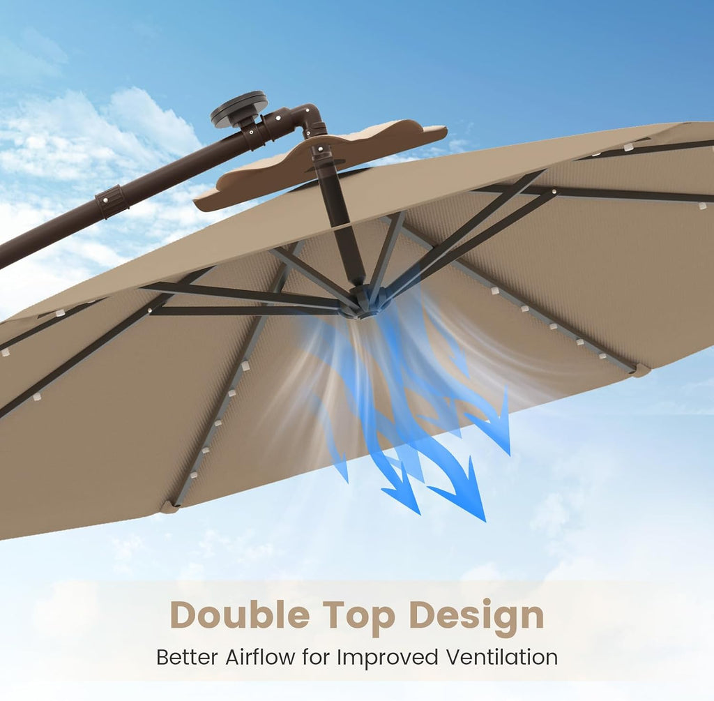 Tangkula 10FT Offset Patio Umbrella with Base Included, Outdoor Cantilever Umbrella with 40 Solar LED Lights, Tilt Adjustment, Crank Handle, Vented Top, Sand Bags for Pool Yard Deck (Tan)