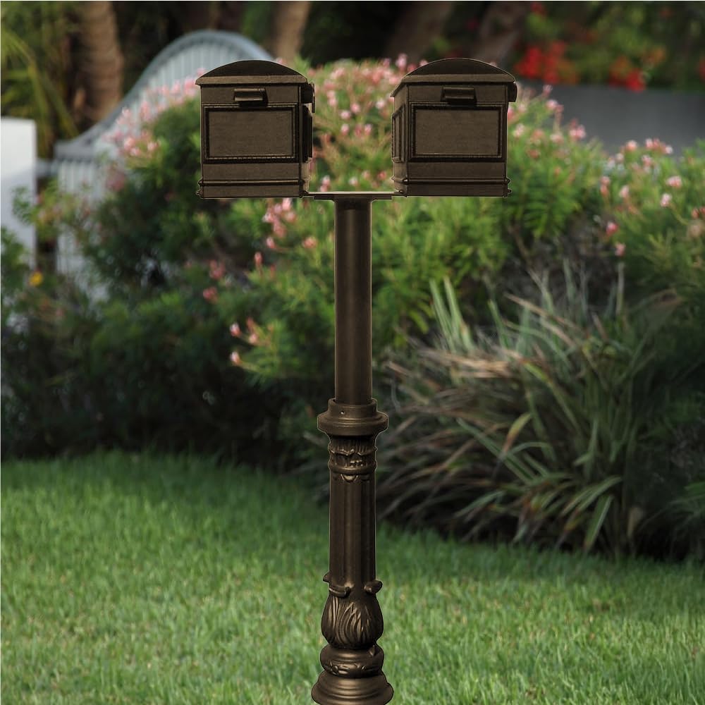 HPNS2-700-LM-BRZ The Hanford Rust Free Cast Aluminum Twin Mailbox Post System, Two Lewiston Mailboxes, Ships in 2 Boxes, Bronze