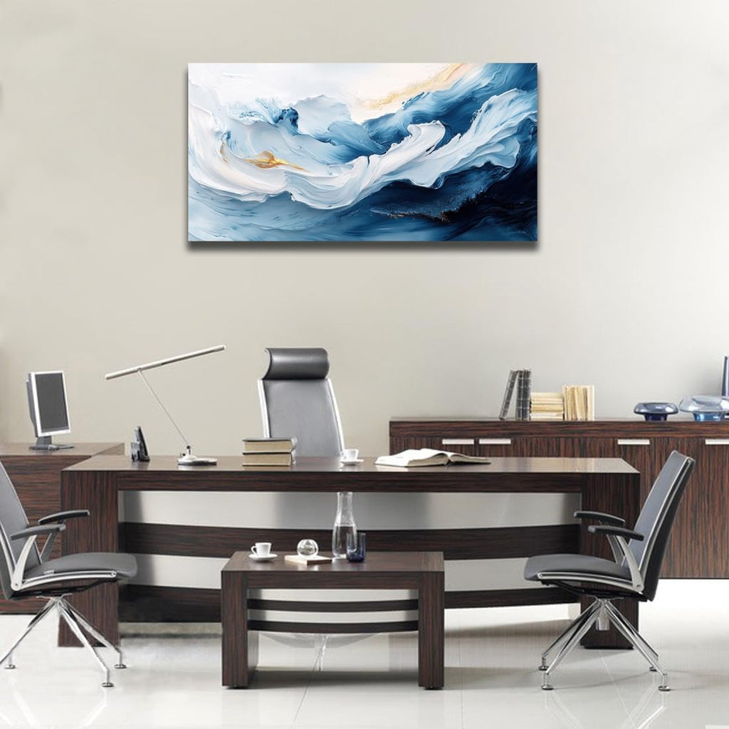 RUIFENGL Blue White Gold Abstract Canvas Prints Wall Art for Living Room Office Decor Blue and White Gold Artwork Paintings Pictures for Bedroom Bathroom Home Office Wall Decoration 29'x58' Xlarge