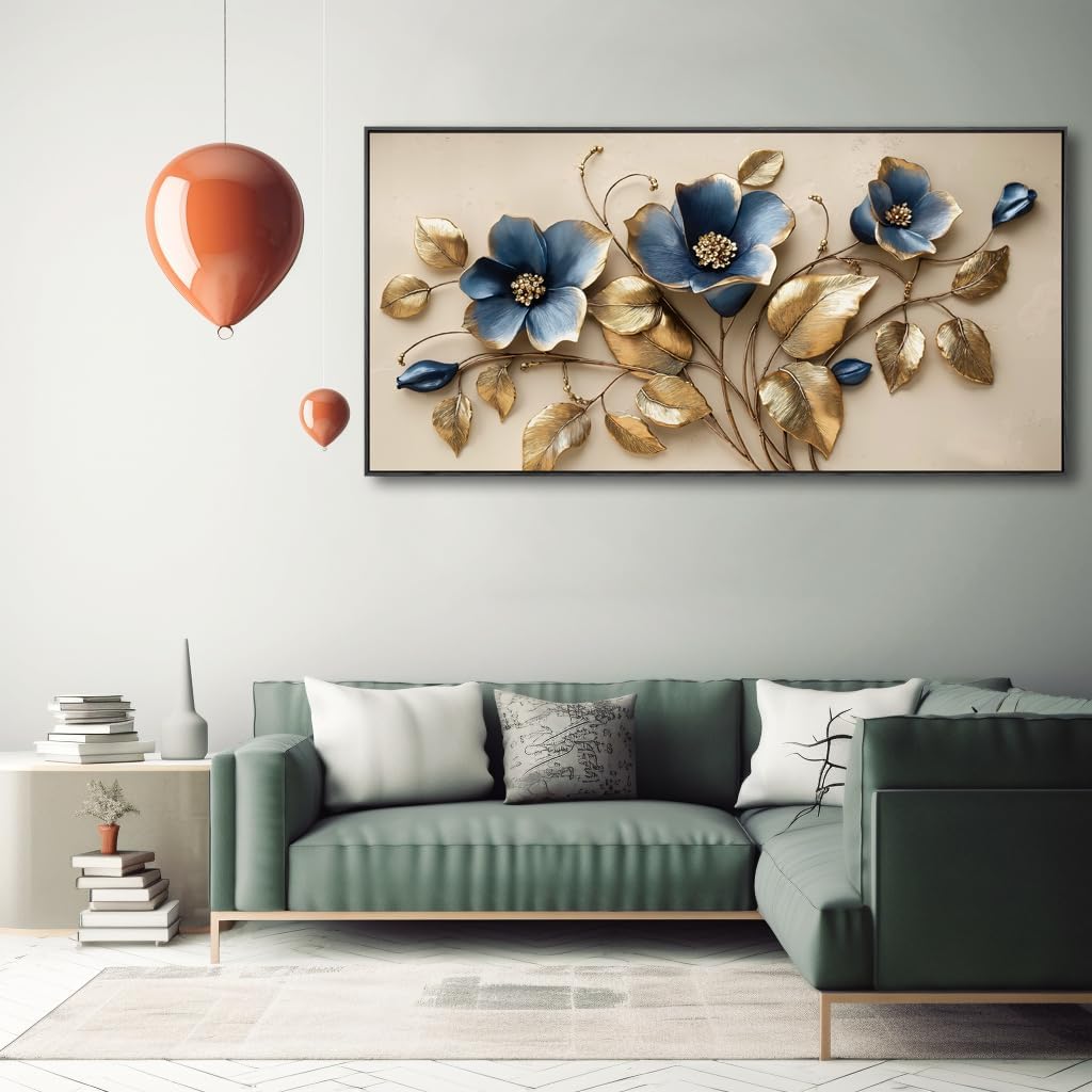 Solid wood Framed blue 3D Flowers Wall Art for Bedroom Home Decor Artwork for Wall Blue Abstract Background Golden leaf Wall Decor Canvas Print Office Living Room Decor Ready to Hang 29x48inch