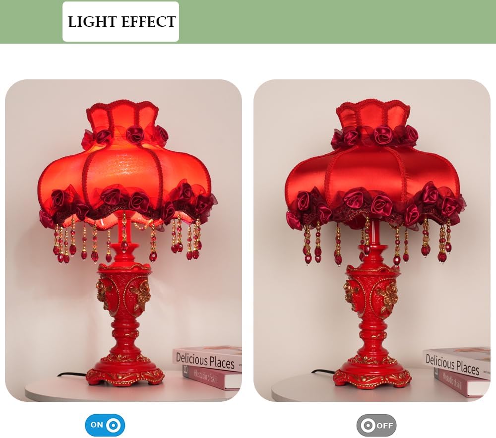 Elegant Table Lamp with Fabric Lampshade, Antique Flower Decorative Bedside Desk Lamp, Rose Decoration Night Light for Bedroom Nightstand
