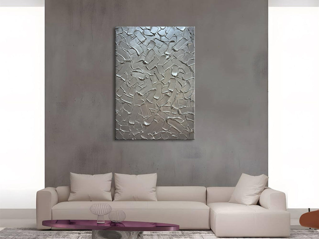 Slyart Handmade 3D Texture Wall Art Modern Abstract Painting 28x40 Inches Minimalist Silver Gray Artwork Oil Painting on Canvas Wall Decor for Living Room Bedroom