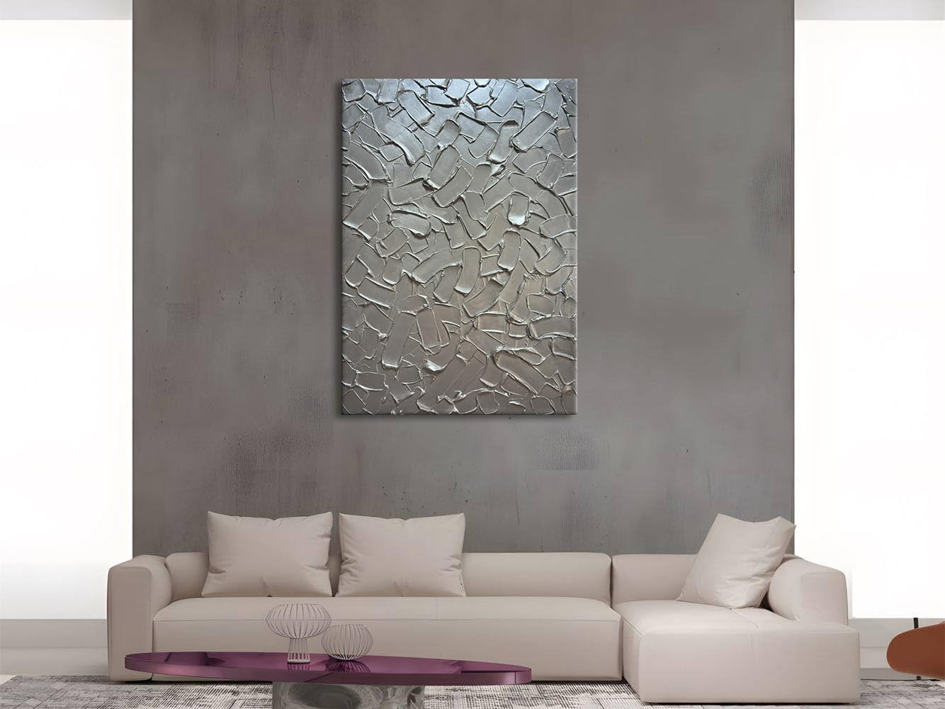 Slyart Handmade 3D Texture Wall Art Modern Abstract Painting 28x40 Inches Minimalist Silver Gray Artwork Oil Painting on Canvas Wall Decor for Living Room Bedroom