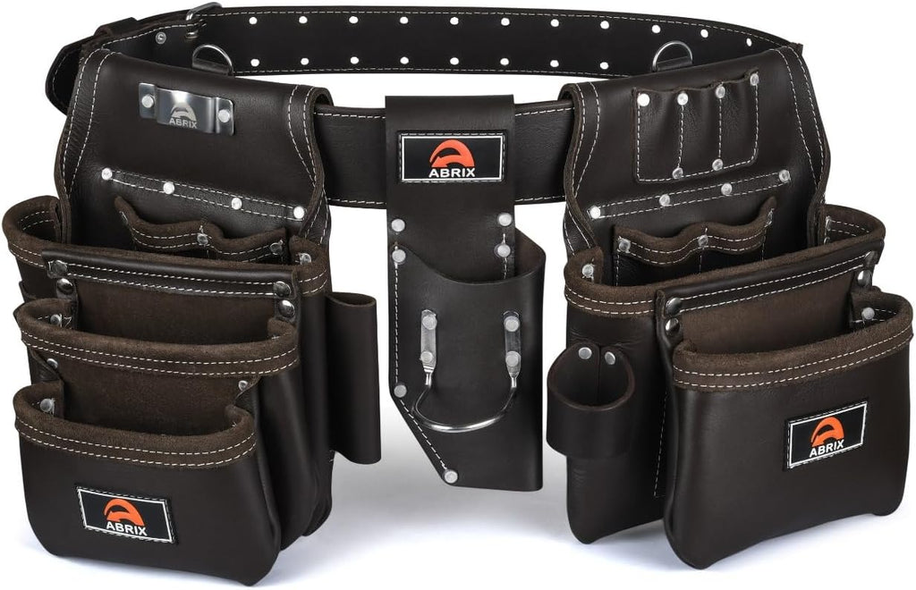 ABRIX Heavy Duty Tool Belt for Men – 4MM Thick Genuine Leather, Brass Buckle & Rivets | Foam Padded Comfort | 28-Pocket Carpenter & Framing Rig | Fits Waist 32 to 52 Inches | Professional Work Belt