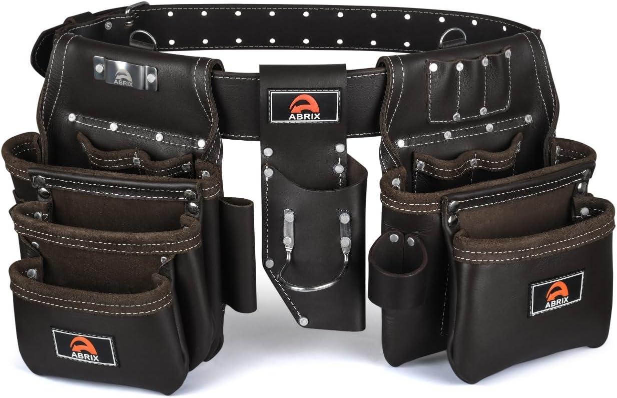 ABRIX Heavy Duty Tool Belt for Men – 4MM Thick Genuine Leather, Brass Buckle & Rivets | Foam Padded Comfort | 28-Pocket Carpenter & Framing Rig | Fits Waist 32 to 52 Inches | Professional Work Belt