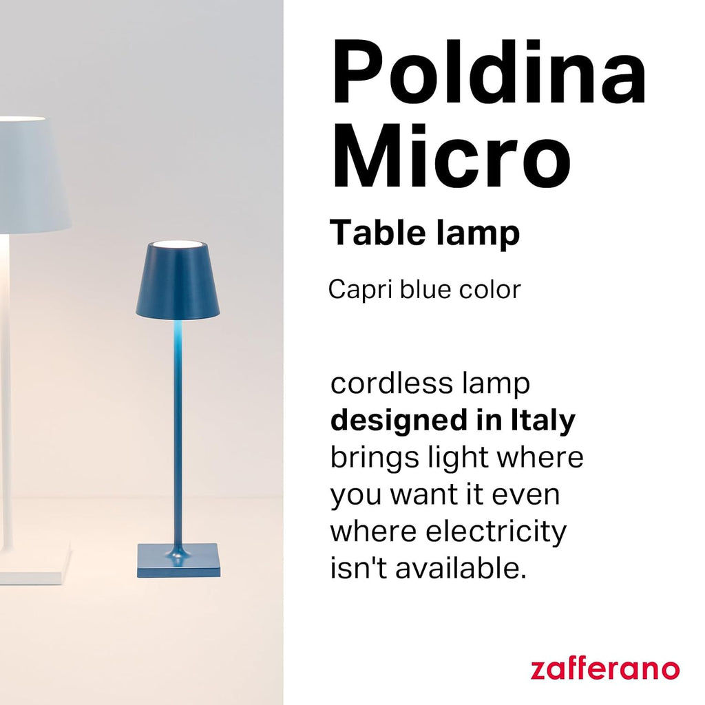 Zafferano, Poldina Micro Lamp, Rechargeable Cordless Table Lamp with Touch Controls, Suitable for Indoor and Outdoor, Dimmer, 2200-3000 K, Height 10.8 Inches, Capri Blue Color
