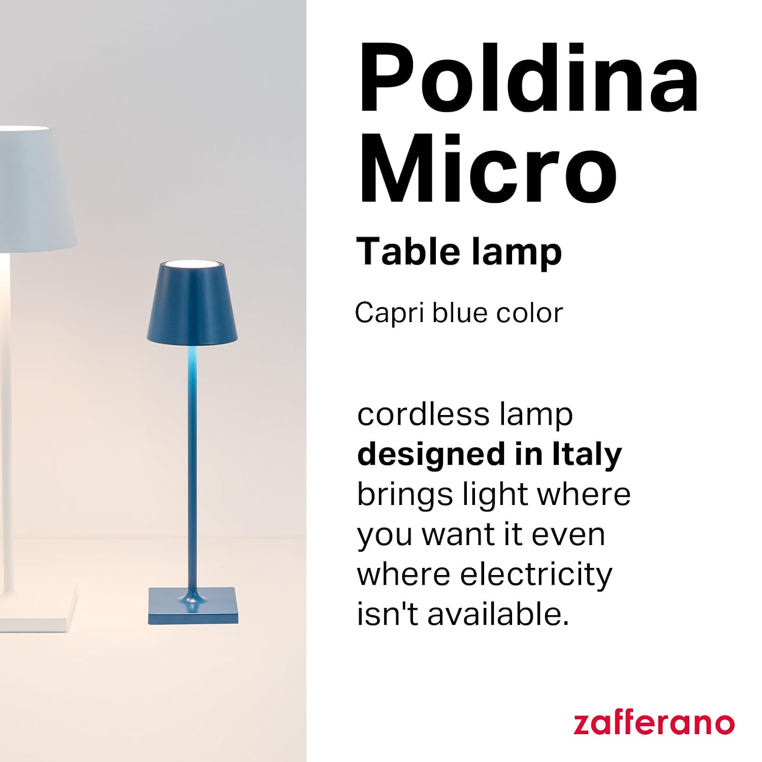 Zafferano, Poldina Micro Lamp, Rechargeable Cordless Table Lamp with Touch Controls, Suitable for Indoor and Outdoor, Dimmer, 2200-3000 K, Height 10.8 Inches, Capri Blue Color