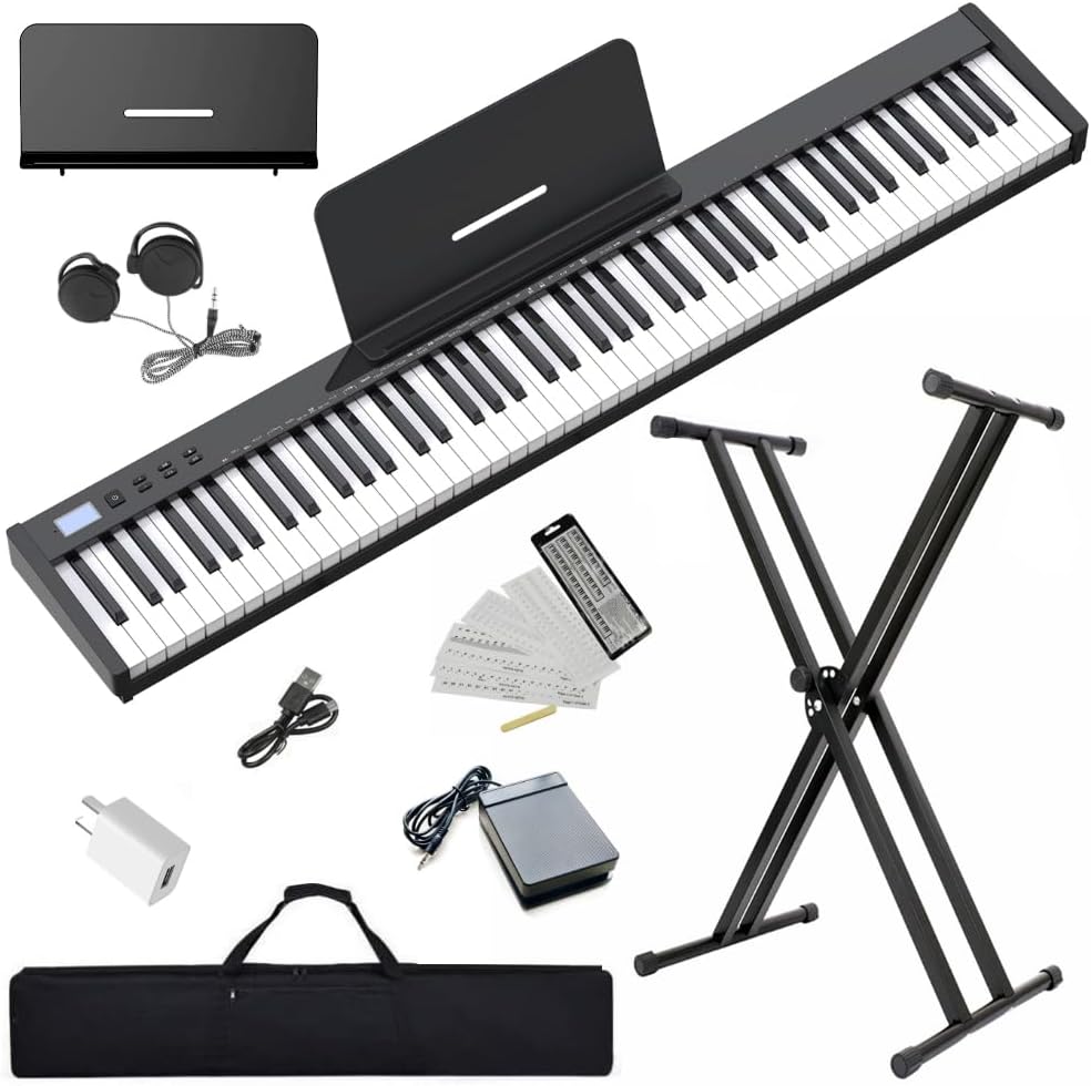 NikoMaku Semi-weighted 88 Keys Piano Keyboard Compact Portable Digital Piano Set for Beginners with Stand, Carrying Case, Sustain Pedal, Headphones, SWAN-S Black