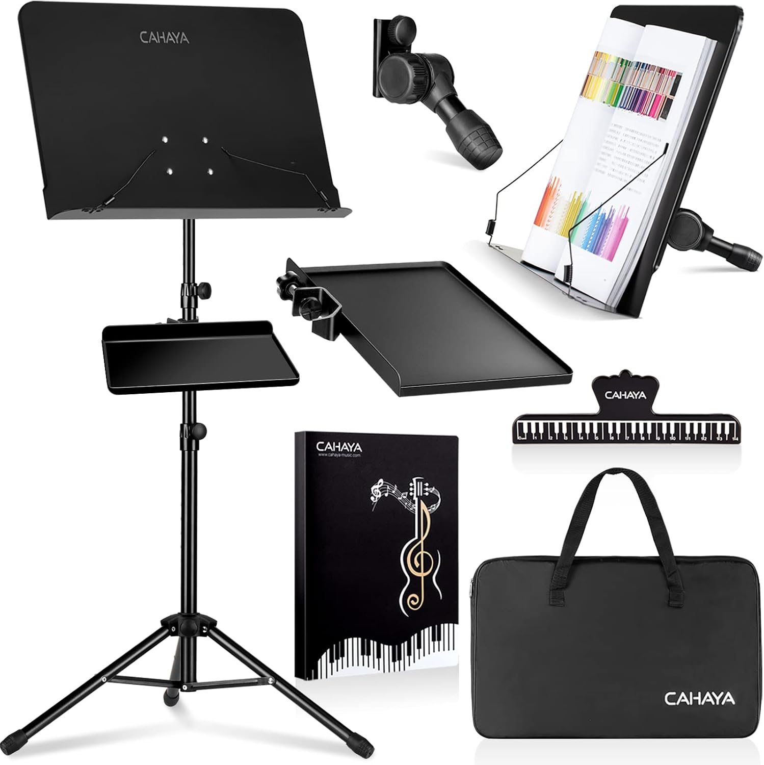 CAHAYA - Dual Use Sheet Music Stand with Holding Tray and Desktop Book Holder, Sheet Music Folder, Projector Stand for Guitar, Ukulele, Violin Players