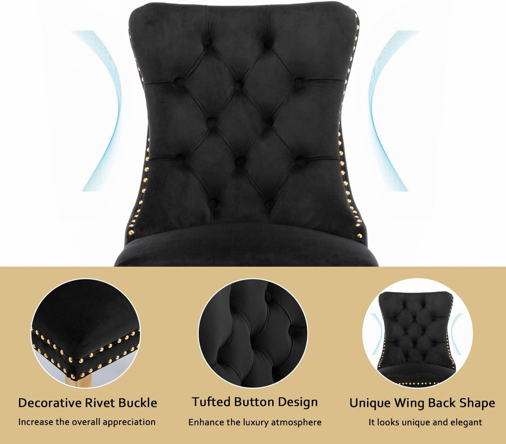 2 Piece Contemporary Velvet Upholstered Dining Chair with Chrome Stainless Steel Plating Legs, Nail Head Decro, Armless Tufted Dining Chair Fabric Dining Room Chair (Black&Gold, Set of 2)