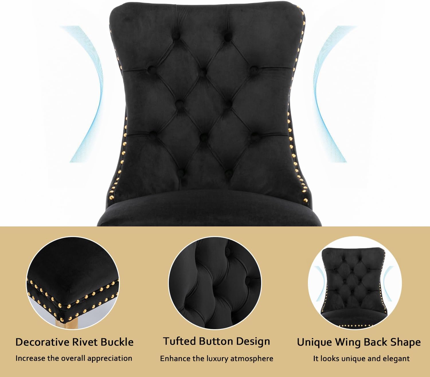 2 Piece Contemporary Velvet Upholstered Dining Chair with Chrome Stainless Steel Plating Legs, Nail Head Decro, Armless Tufted Dining Chair Fabric Dining Room Chair (Black&Gold, Set of 2)