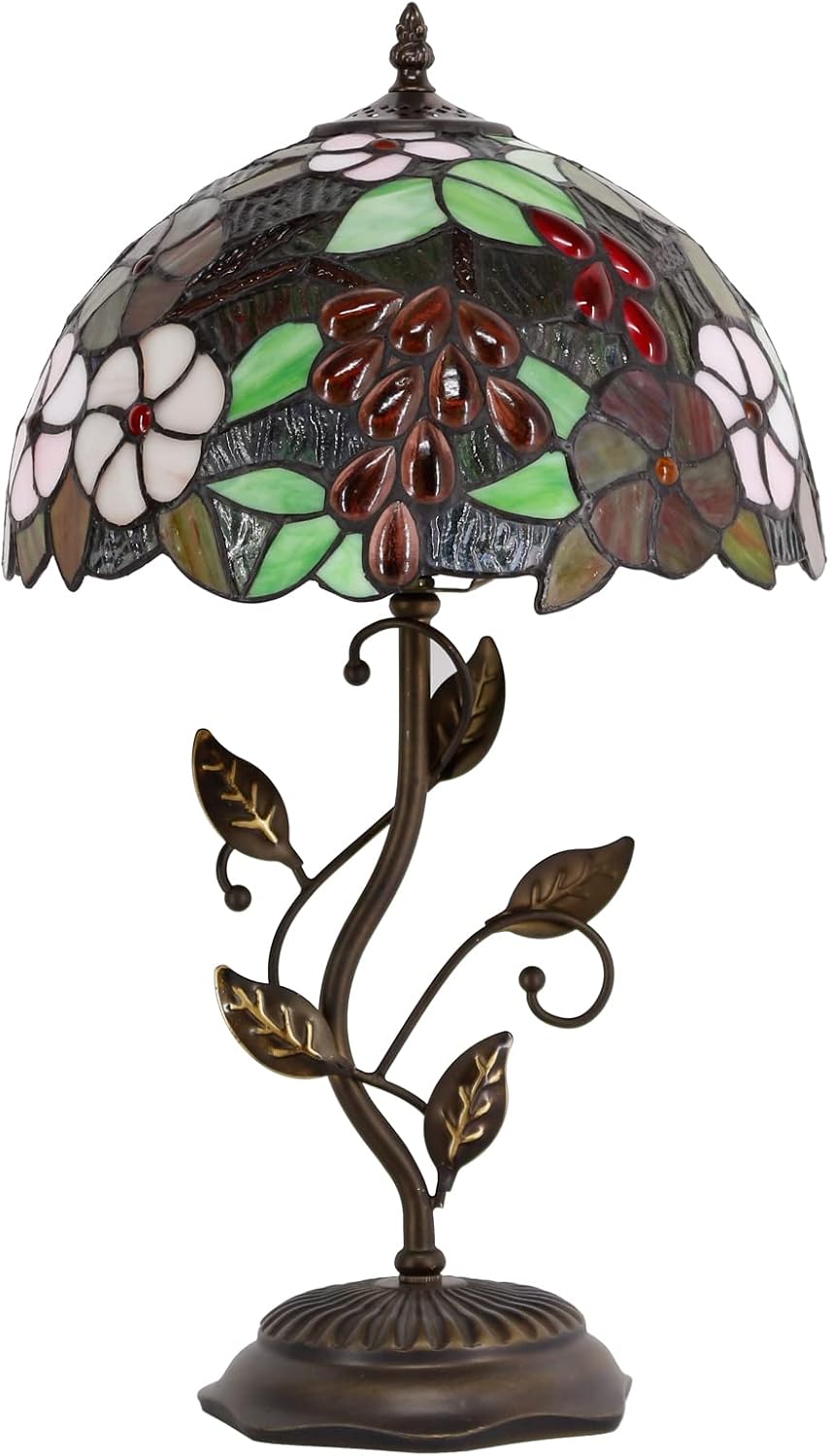 Tiffany Lamp Purple Grape Style Stained Glass Table Lamp Desk Bedside Reading Light 12X12X19 Inches with Metal Leaf Base Decor Bedroom Living Room