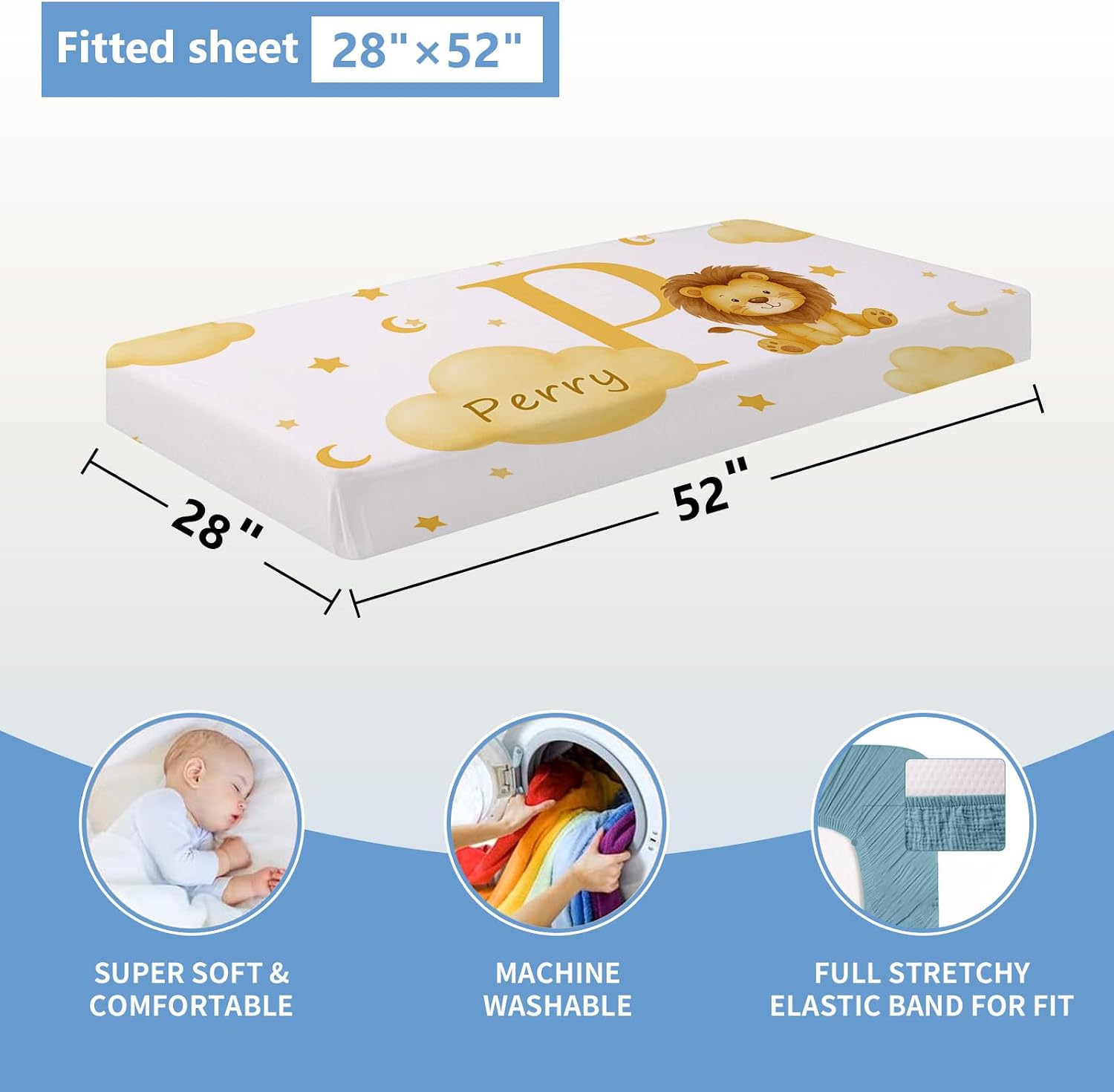 KAINSY Custom Crib Bedding Set, 5 Pcs Personalized Name Monogram Baby Crib Sets for Infants Toddlers, Yellow Lion Nursery Bedding Set for Boys Girls, Double Layer Baby Bedding Sets Customized Gifts