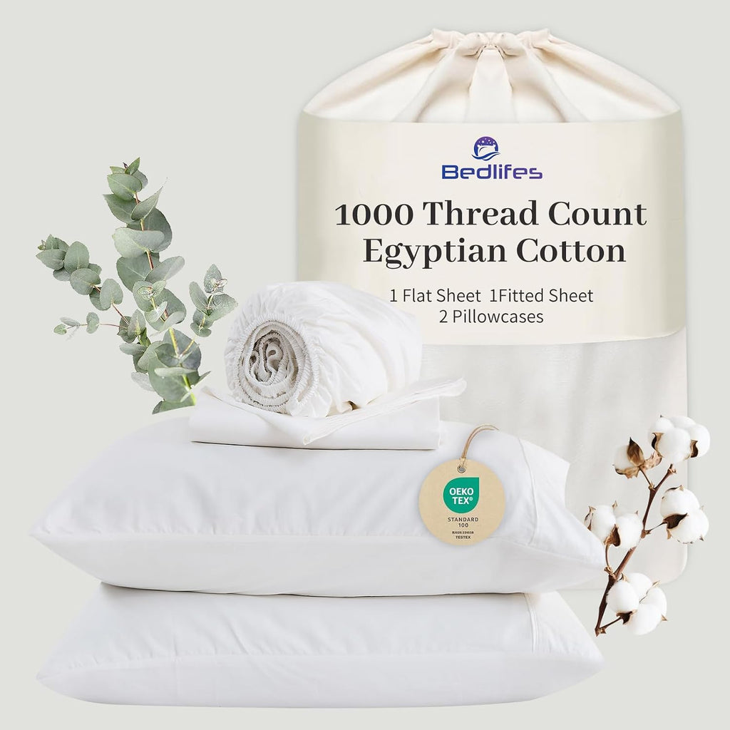 Bedlifes Egyptian Cotton Sheets 1000 Thread Count California King Size, 4-Piece 16' Deep Pocket - Cooling & Breathable Ultra Soft Bedding for Hotel Comfort (White)