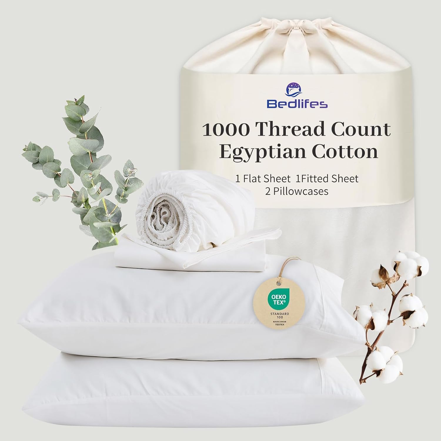 Bedlifes Egyptian Cotton Sheets 1000 Thread Count California King Size, 4-Piece 16' Deep Pocket - Cooling & Breathable Ultra Soft Bedding for Hotel Comfort (White)