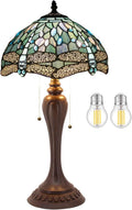WERFACTORY Tiffany Table Lamp Sea Blue Stained Glass Dragonfly Style Bedside Lamp Desk Reading Light 12X12X22 Inches Decor Bedroom Living Room Home Office S147 Series