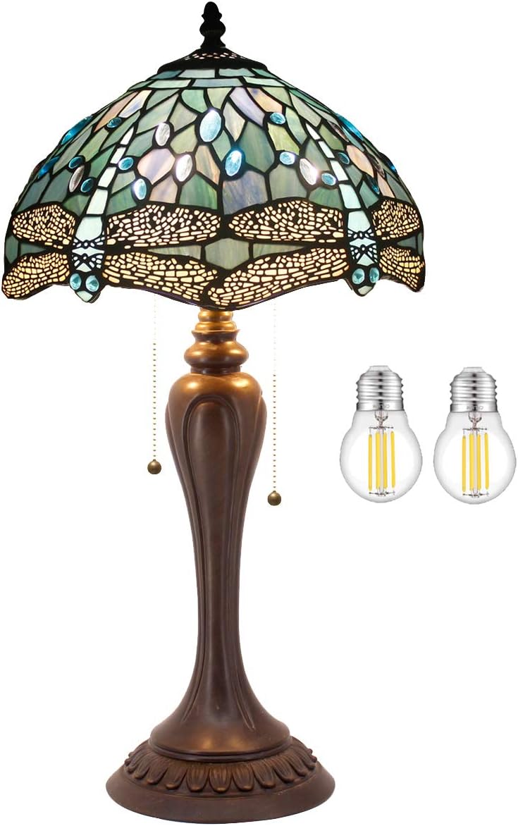 WERFACTORY Tiffany Table Lamp Sea Blue Stained Glass Dragonfly Style Bedside Lamp Desk Reading Light 12X12X22 Inches Decor Bedroom Living Room Home Office S147 Series