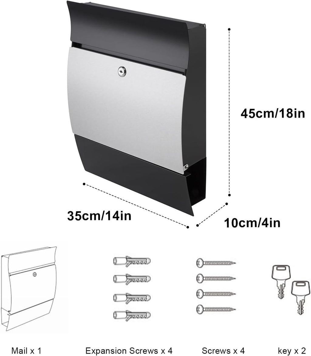 Modern Wall Mounted Mailbox, Large Capacity Galvanized Steel Metal Mail Box, Locking Mailboxes for Outside, Boxes Hanging Secure Postbox 14 x 4 x 18 Inch