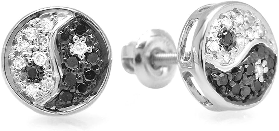 Dazzlingrock Collection 0.25 Ctw Round Black & White Diamond 8.2mm Yin Yang Studs in 10K Solid White Gold, Screw Back,Unisex Design Ladies,Mens Real Diamond Earrings
