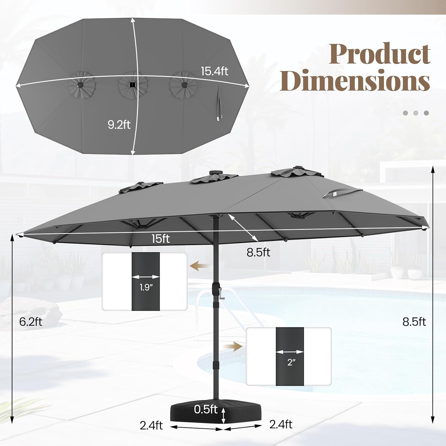 Tangkula 15FT Double-Sided Solar Patio Umbrella, Extra-Large Outdoor Twin Umbrella with 48 LED Lights, Vented Top, Crank Handle, 12 Ribs, Weighted Base Included for Backyard Poolside Deck (Gray)
