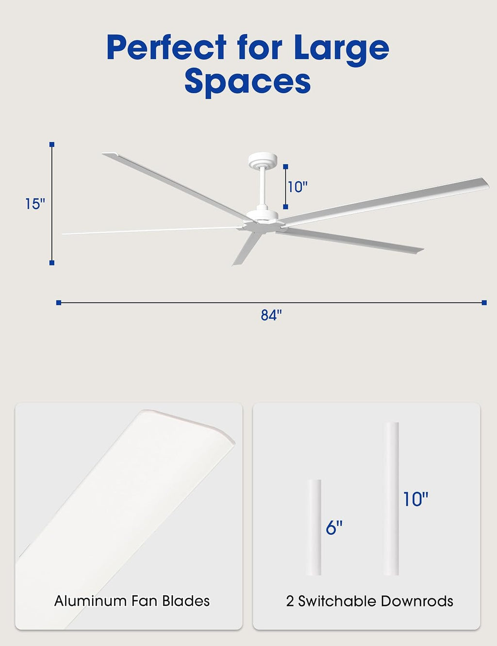 Waterproof Outdoor Ceiling Fans, 84' Industrial White Ceiling Fans without Lights, Large DC Motor Ceiling Fan No Light with Reversible Aluminum Blade, Wet-rated Fan for Patio Gazebo Porch Living Room