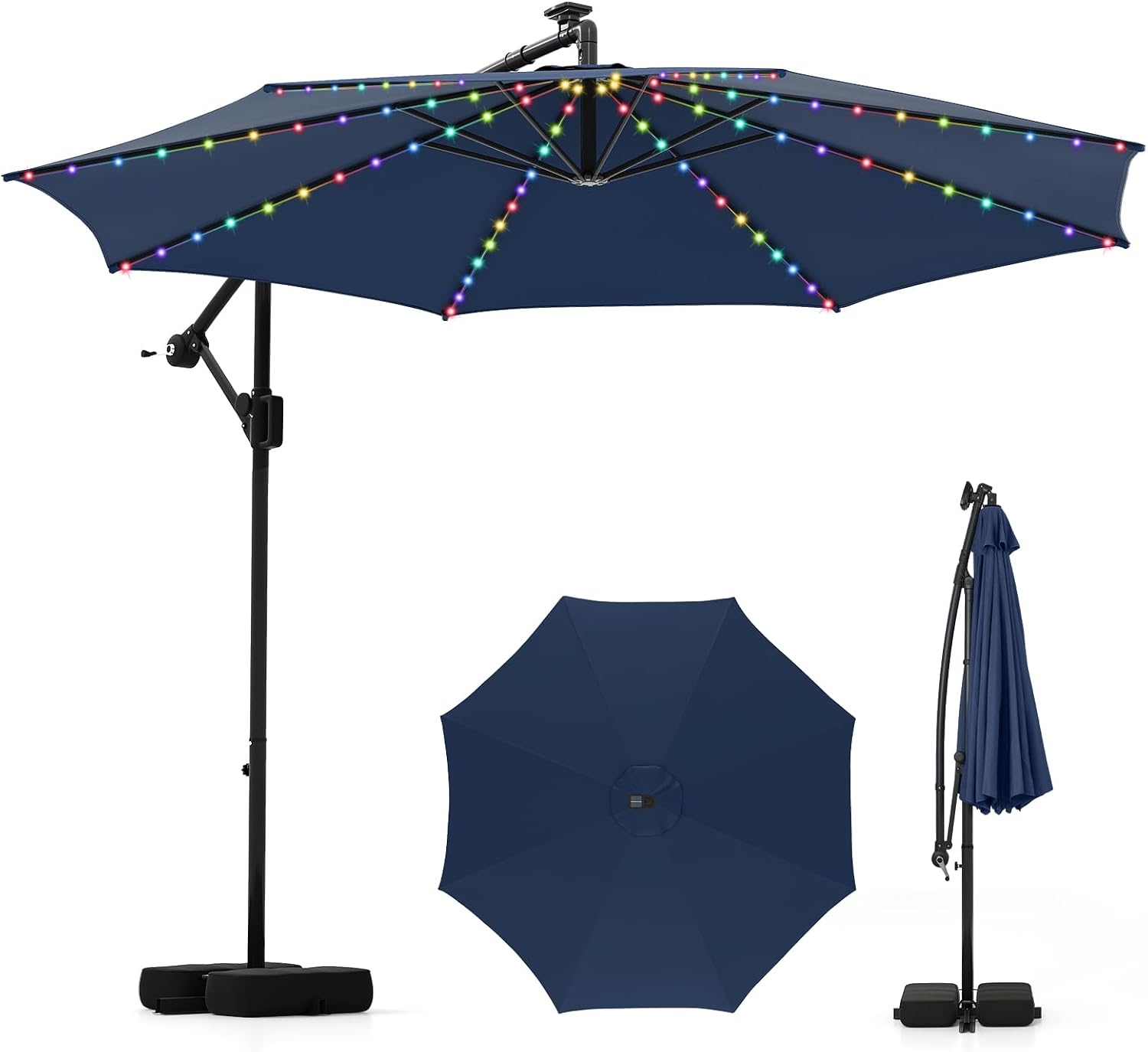 Tangkula 10 FT Solar Patio Umbrella with Base Included, Cantilever Offset Hanging Outdoor Umbrella with 96 Multi-Colored Flowing LED Lights, 9 Modes, Tilt Adjustment, 360° Rotation, Crank for Pool Yard Deck Lawn (Navy)