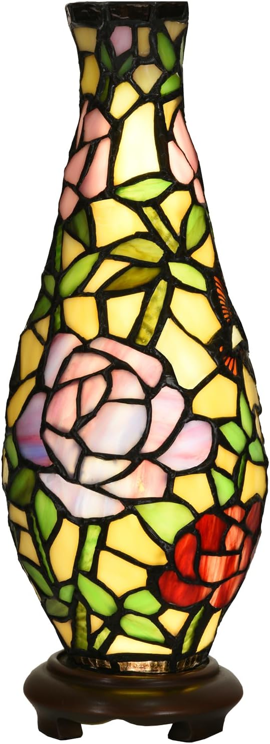 A0010 Tiffany Style Vase Table Lamp LED with 3 Lighting Modes and 10 Brightness Dimming, Handmade Stained Glass Accent Lamp for Bedside Livingroom Bedroom Home Decoration