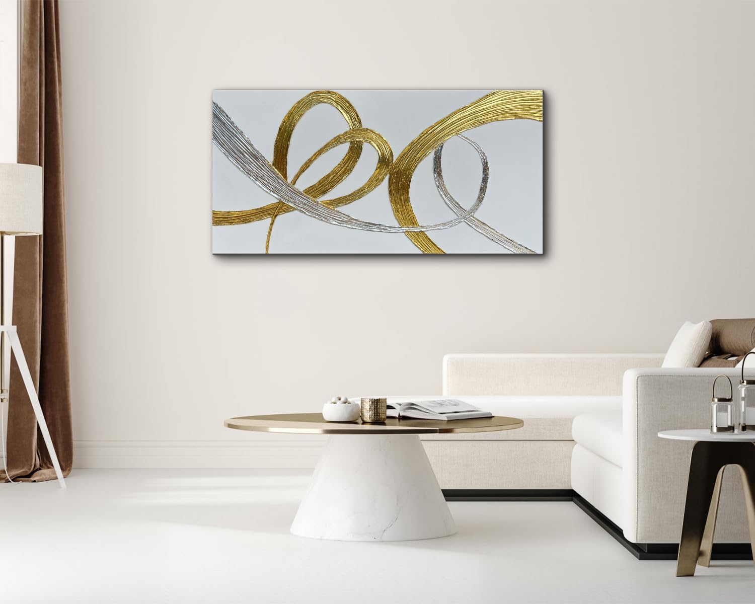 Creespi Hand-Painted Gold And Silver Foil Textured Wall Art,Abstract Oil Painting On Canvas 24x48 inch,Contemporary Minimalist Art Painting for Home Wall Décor