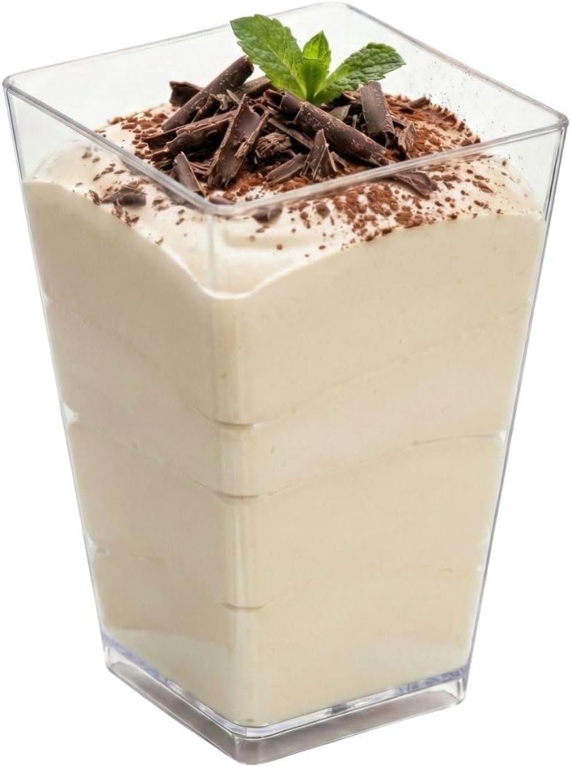 Restaurantware 3.65 Ounce Disposable Dessert Cups 320 Square Appetizer Cups - Tall Medium Clear Plastic Parfait Cups Serve Puddings or Mousse For Parties Weddings or Catered Events