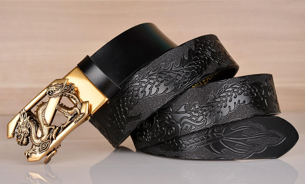 Mens Ratchet Leather Belt, Genuine Leather belts, Engraved Vintage Dragon Eagle Tiger Buckle, Business leisure belt