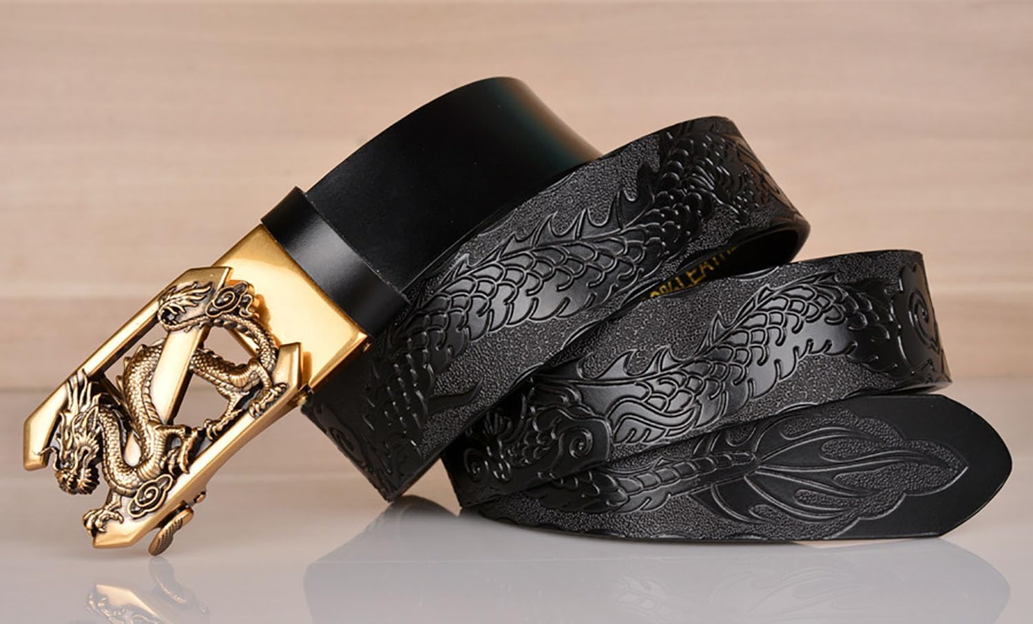 Mens Ratchet Leather Belt, Genuine Leather belts, Engraved Vintage Dragon Eagle Tiger Buckle, Business leisure belt