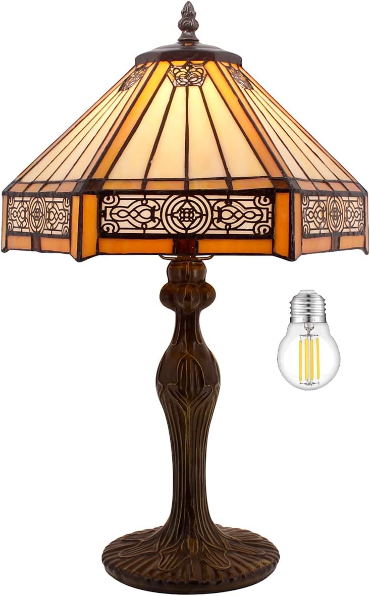 WERFACTORY Tiffany Lamp Yellow Hexagon Stained Glass Mission Style Table Lamp Desk Bedside Reading Light 12X10X18 Inches Decor Bedroom Living Room Home Office S011 Series