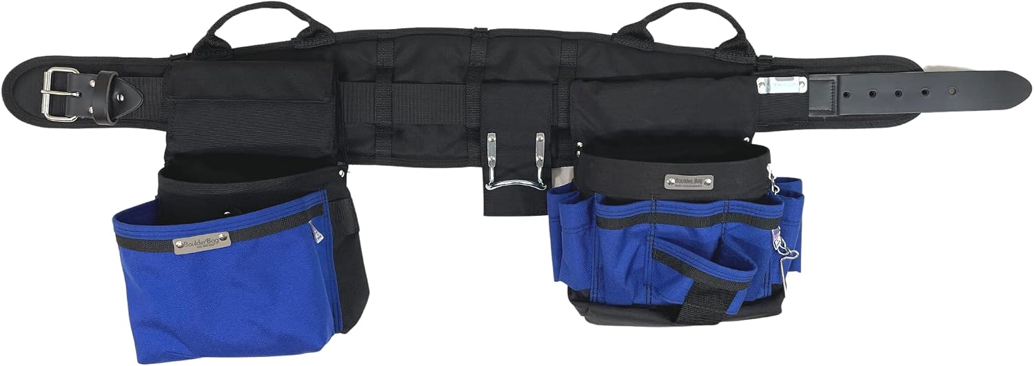 BOULDER BAG Ultimate Electrician's MAX Combo with Comfort Back Support Tool Belt, Leather Belt Buckle, Heavy Duty Work Belt, Blue, (Small 24-27 Inch Waist), Tool Belt Made in USA