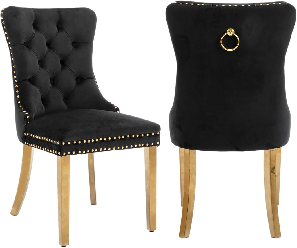 2 Piece Contemporary Velvet Upholstered Dining Chair with Chrome Stainless Steel Plating Legs, Nail Head Decro, Armless Tufted Dining Chair Fabric Dining Room Chair (Black&Gold, Set of 2)