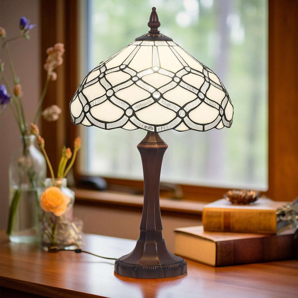 Tiffany Table Lamp,White Stained Glass Table Light,Antique Style Medium Size Desk Lamp Vintage Beside Reading Lamp for Living Room Bedroom Office